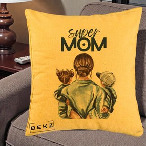 Cadou pentru Mama - Perna Personalizata Super Mom, 40x40 cm, Galben, Husa Detasabila, Perna Inclusa, BEKZ®
