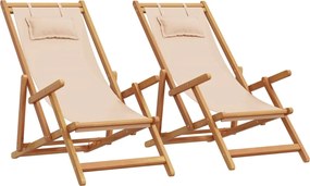 vidaXL Scaune de plajă pliabile, 2 buc., țesătură bej și lemn masiv