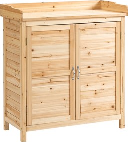 Dulap de exterior Outsunny cu 2 rafturi din lemn de brad cu design înălțat și 2 uși, 83x40x92 cm, culoarea lemnului | Aosom Romania