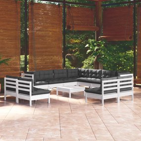 3096870 vidaXL Set mobilier grădină cu perne, 12 piese, alb, lemn masiv pin