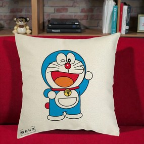 Perna Personalizata Doraemon Salutand, 40x40 cm, Ecru, Husa Detasabila, Perna Inclusa, BEKZ®