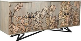 Bufet natur , din metal si lemn de mango , cu design "Grey flowers"