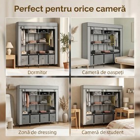 HOMCOM Dulap Portabil din Material Textil și Oțel, Garderobă cu 10 Rafturi, 4 Sertare și 2 Bare, 166x42,5x169,5 cm, Gri | Aosom Romania