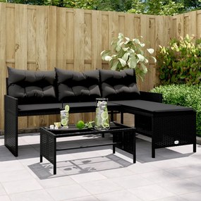 365572 vidaXL Canapea de grădină cu masă/perne, formă de L, poliratan negru