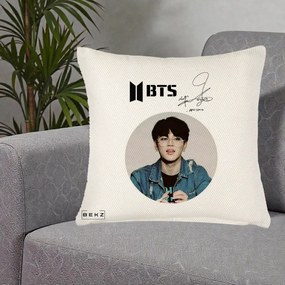 Perna Personalizata K-pop BTS Jimin Portret Cerc Autograf Geaca, 40x40 cm, Crem Reliefat, Husa Detasabila, Perna Inclusa, BEKZ®