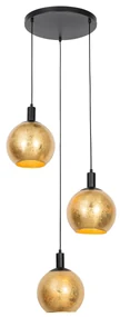 Lampă suspendată de design neagră cu sticlă aurie cu 3 lumini - Bert