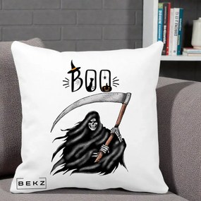Perna Decorativa Halloween Boo Grim Reaper cu Coasa, 40x40 cm, Alba Mata, Husa Detasabila, Perna Inclusa, BEKZ®