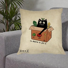 Perna Decorativa Pisica in Cutie No Desire to Fit In, 40x40 cm, Crem, Husa Detasabila, Perna Inclusa, BEKZ®