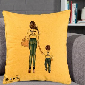 Cadou pentru Mama - Perna Personalizata, Model Mother of a Prince, 40x40 cm, Galben, Husa Detasabila, Perna Inclusa, BEKZ®