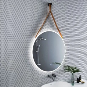 Oglinda cu iluminare si dezaburire Inter Ceramic forma rotunda 80 cm curea maro deschis