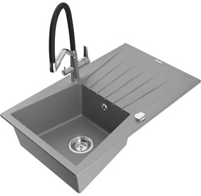 Mexen Cesar chiuvetă de granit cu un compartiment, cu picurător și baterie de bucătărie Duo, Gri - 6514-71-671701-07