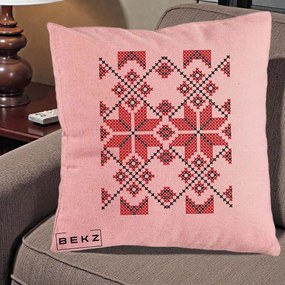 Perna Personalizata Motiv Traditional Cusatura Rosu-Negru, 40x40 cm, Roz, Husa Detasabila, Perna Inclusa, BEKZ®