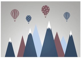 Fototapet - Peisaj copilăresc - grafică cu baloane deasupra munților albaștri-roșii
