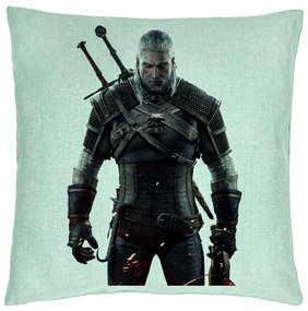 Perna Decorativa cu The Witcher 2, 40x40 cm, Verde Menta, Husa Detasabila, Burduf