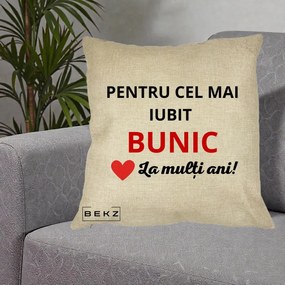 Cadou pentru Bunic - Perna Personalizata Pentru Cel Mai Iubit Bunic La Multi Ani Rosu, 40x40 cm, Crem, Husa Detasabila, Perna Inclusa, BEKZ®