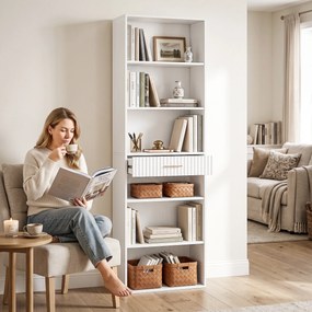 HOMCOM Bibliotecă Înaltă cu Cuburi, 7 Niveluri cu Sertar, MDF, 60x24x182 cm, Alb | Aosom Romania