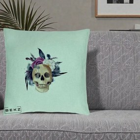 Perna Decorativa Craniu Floral cu Trandafiri si Ciuperci, 40x40 cm, Verde Menta, Husa Detasabila, Perna Inclusa, BEKZ®