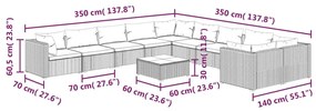 Set mobilier de gradina cu perne, 11 piese, maro, poliratan maro si rosu, 6x mijloc + 4x colt + masa, 1