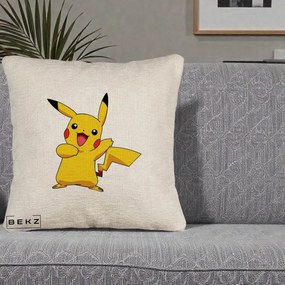 Perna Personalizata Pikachu Fericit, 40x40 cm, Bej Canapea, Husa Detasabila, Perna Inclusa, BEKZ®