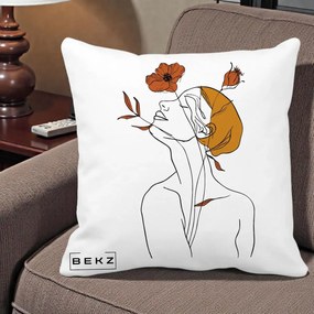 Perna Decorativa Portret Feminin Mac Privire Inalta, 40x40 cm, Alba Mata, Husa Detasabila, Perna Inclusa, BEKZ®