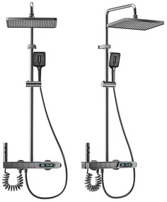 Coloană de duș termostat, afișaj digital, lumină LED ambientală, 4 funcții, butoane ca de pian, cap duș dreptunghiulară, 30x20 cm, efect de ploaie, în