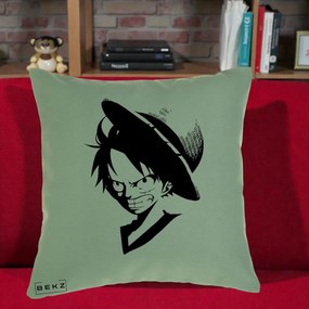 Perna Personalizata One Piece Luffy Silueta Alb-Negru, 40x40 cm, Verde, Husa Detasabila, Perna Inclusa, BEKZ®