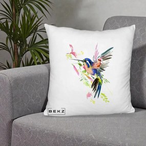 Perna Decorativa Colibri Acuarela, 40x40 cm, Alb Pufos, Husa Detasabila, Perna Inclusa, BEKZ®