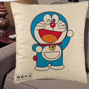 Perna Personalizata Doraemon Salutand, 40x40 cm, Bej, Husa Detasabila, Perna Inclusa, BEKZ®