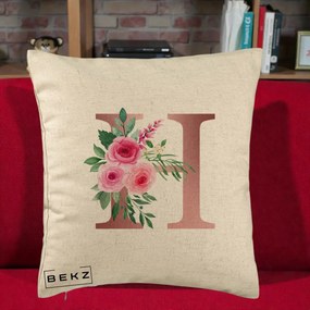Cadou Personalizat - Perna Personalizata Monograma Rose Gold Litera H, 40x40 cm, Bej, Husa Detasabila, Perna Inclusa, BEKZ®