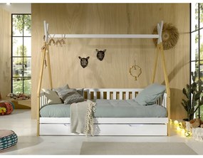 Pat pentru copii alb de tip casă din lemn masiv de pin cu spațiu de depozitare 90x200 cm TIPI – Vipack