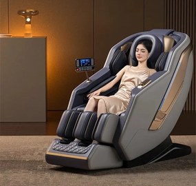 RESIGILAT- Fotoliu de masaj AMOS, cu Incalzire, Bluetooth, Display, Ecran tactil, Zero Gravity, 2 Boxe, Moduri Automate, Suport Picioare extensibil, Piele Ecologica Premium, Gri/Albastru