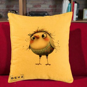 Perna Decorativa Pasare cu Penaj Zbarlit si Gene, 40x40 cm, Galben, Husa Detasabila, Perna Inclusa, BEKZ®