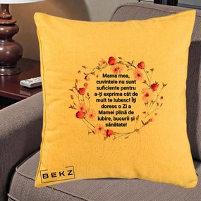Cadou pentru Mama - Perna Personalizata Mama Mea Mesaj Floral, 40x40 cm, Galben, Husa Detasabila, Perna Inclusa, BEKZ®