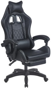 Scaun gaming, sistem iluminare bandă LED RGB, masaj în perna lombară, suport picioare, Negru