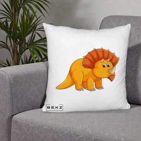 Perna Decorativa Triceratops Portocaliu, 40x40 cm, Alb Pufos, Husa Detasabila, Perna Inclusa, BEKZ®