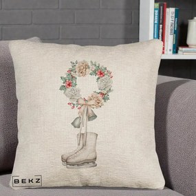 Perna Decorativa Patine cu Coroana Florala de Craciun, 40x40 cm, Bej Canapea, Husa Detasabila, Perna Inclusa, BEKZ®