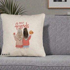 Cadou pentru Prieteni - Perna Personalizata Best Friends Toamna, 40x40 cm, Bej Canapea, Husa Detasabila, Perna Inclusa, BEKZ®