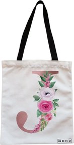Sacosa de Panza pentru Cumparaturi, Geanta Tote, Cu litera J Rose Gold si Trandafiri, Cu fermoar, 38x34.5 cm, Alba, BEKZ®