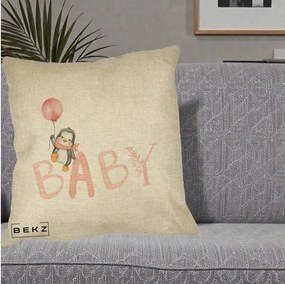 Perna Personalizata Baby Pinguin Roz, 40x40 cm, Crem, Husa Detasabila, Perna Inclusa, BEKZ®