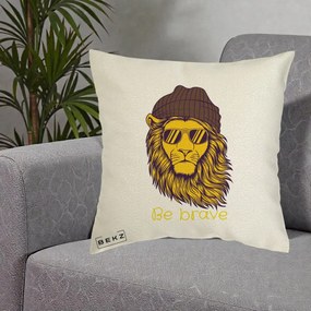 Perna Decorativa Leu Hipster Be Brave, 40x40 cm, Ecru, Husa Detasabila, Perna Inclusa, BEKZ®