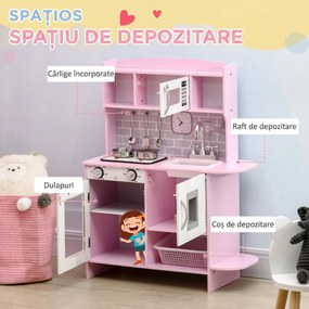 HOMCOM Bucătărie de Jucărie pentru Copii, cu Lumini și Sunete, Dozator Apă, Chiuvetă și Accesorii, MDF, PP, Roz | Aosom Romania