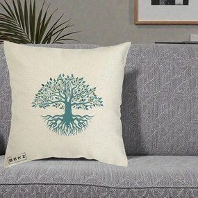 Perna Decorativa Copacul Vietii Teal cu Radacini, 40x40 cm, Ecru, Husa Detasabila, Perna Inclusa, BEKZ®