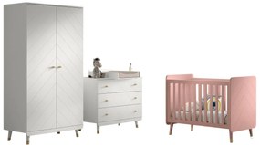 Set Mobilier Complet pentru Bebeluși, 4 Piese, Roz și Alb Satinat (Pin Masiv și MDF) – Billy – Vipack