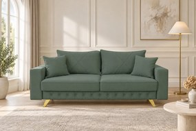 Canapea extensibilă Amara stofă, verde ou de rață, picioare aurii, cu ladă de depozitare