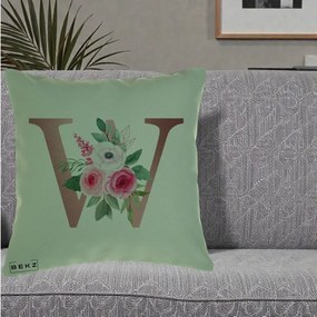 Cadou Personalizat - Perna Personalizata Monograma Rose Gold Litera W cu Trandafiri si Anemona, 40x40 cm, Verde, Husa Detasabila, Perna Inclusa, BEKZ®