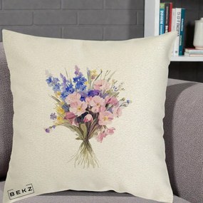 Perna Decorativa Buchet Floral Acuarela Primavara, 40x40 cm, Ecru, Husa Detasabila, Perna Inclusa, BEKZ®