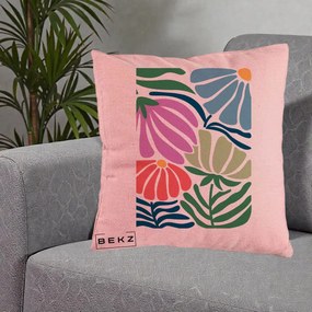 Perna Decorativa Flori Grafice Multicolore Modern, 40x40 cm, Roz, Husa Detasabila, Perna Inclusa, BEKZ®