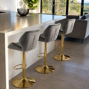 Scaun bar gri ABS 148 – Catifea premium, bază aurie, înălțime reglabilă, rotativ