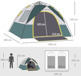 Outsunny Cort pentru Camping pentru 2 Persoane, Cort pentru Exterior Automatic Pop Up cu Copertina, Buzunare Interioare si Covoras, 205x195x135cm