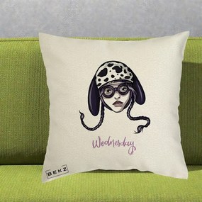 Perna Personalizata Wednesday Addams cu Caine Dalmatian, 40x40 cm, Ecru, Husa Detasabila, Perna Inclusa, BEKZ®